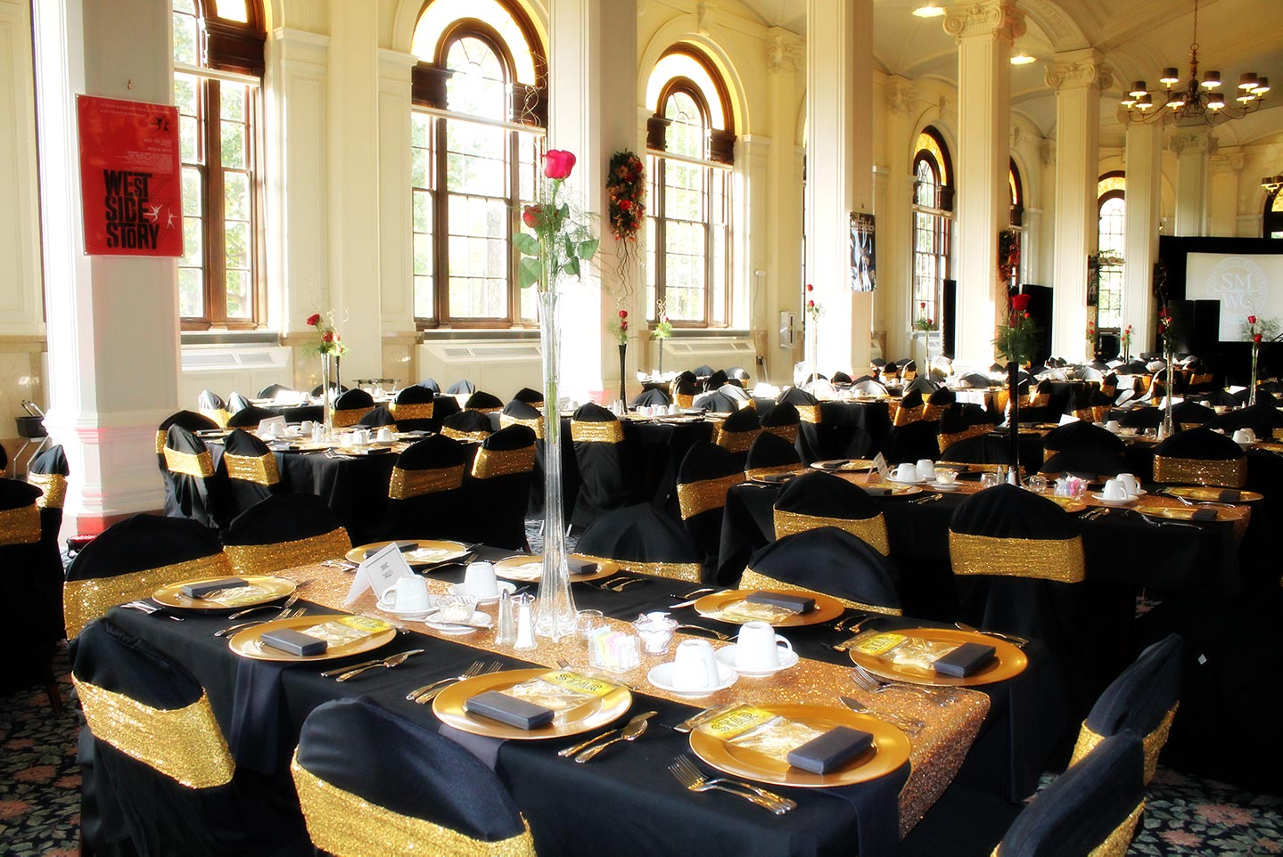 The interior of O’Shaughnessy Dining Hall decorated for an event