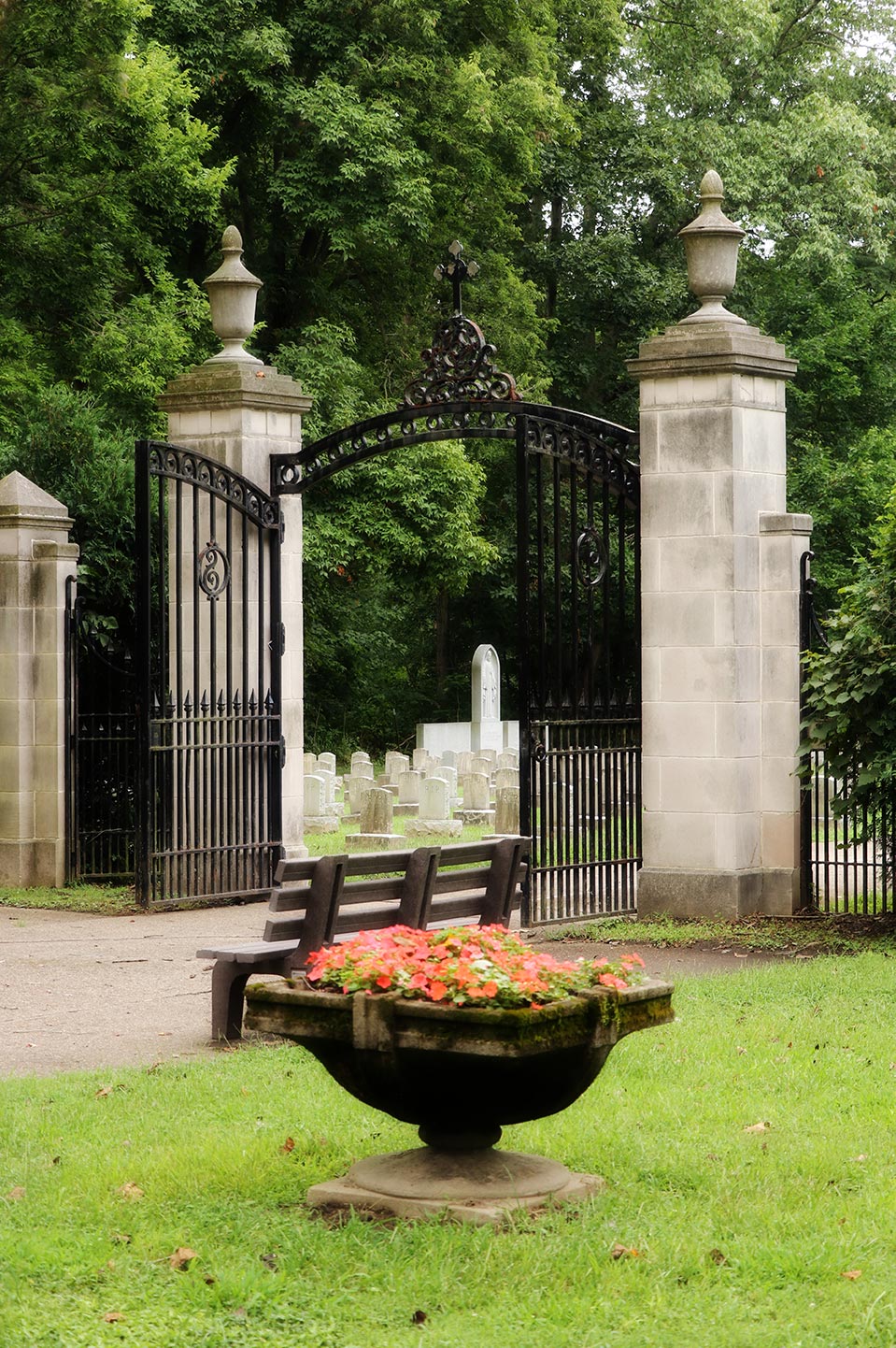 Side view of the cemetery gates
